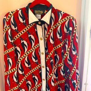 Bob Mackie Wearable Art 100% Silk Button-Up Shirt – Size L – Tuxedo Penguin Prin